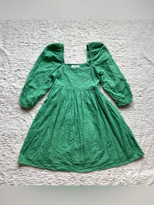 Tuckernuck Pomander Place Cotton Mini Dress XS Green Puff Sleeve Embroidered thumbnail 4
