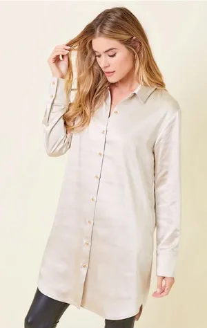 Mystree Long Satin Shirt Dress in Champagne Cream nwt thumbnail 1