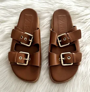 Zara Leather Double Buckle Wooden Platform Sandal Sz 7.5 thumbnail 1