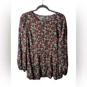 Primark Floral Peplum Blouse Long Sleeve Black Red Green Women’s Size 10 (L)‎ thumbnail 2