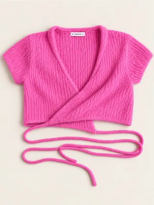 Luca + Grae Hot Pink Fuzzy Knit Wrap Crop Top Tie Waist Short Sleeve L thumbnail 1