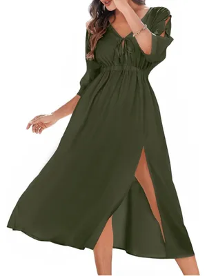 NEW Amoretu Vacation Dress V-Neck Batwing Half Sleeve Flowy Midi Dress M thumbnail 1