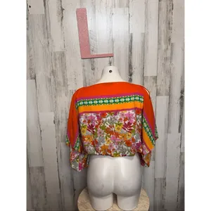Floral & Ivy Bright Retro Floral Top | Orange Multicolor Balloon Sleeve Blouse – thumbnail 7