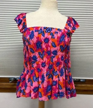 Rose & Olive NWT Pink Floral Print Smocked Wide Ruffle Strap Top Size Small thumbnail 1