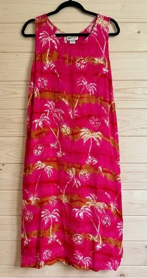 Vtg Desert Jems Hawaiian Boho Maxi Dress Rayon L Tropical 90s Pink Palm Print thumbnail 1