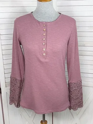 Ribbed Knit Lace Cuff Long Sleeve Henley Shirt‎ Mauve Dusty Rose Size Large thumbnail 1