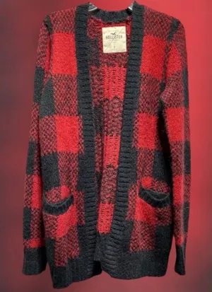 Hollister 2010 S Small Red Black Buffalo Plaid Open Front Cardigan Sweater thumbnail 1