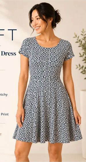 LOFT Geometric Crisscross Back Fit & Flare Dress Blue White Size 0 thumbnail 1