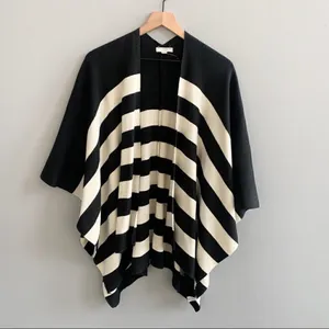LOFT Striped Knit Sweater Poncho Cape Shrug Cardigan Black White Stripes XS/S thumbnail 2