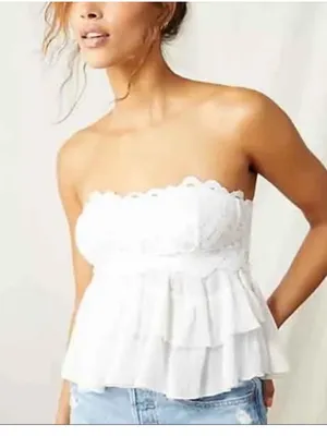 Free People Adella Corset Cami Tube Top White Lace Ruffle Boho Festival size M thumbnail 1
