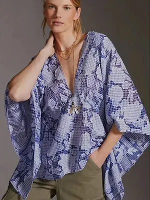 Anthropologie Tie-Front Blue Floral Caftan One Size thumbnail 1