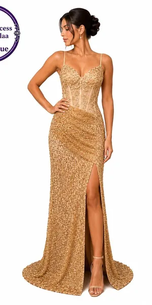 #15-14 Gold Velvet Bustier sequins embroidered appliqué long dress-Small/Size 4 thumbnail 1