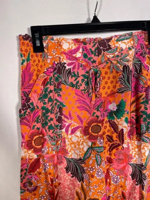 Loft Womens Floral Linen Pull On Pant Cropped Pink Orange Xs thumbnail 3