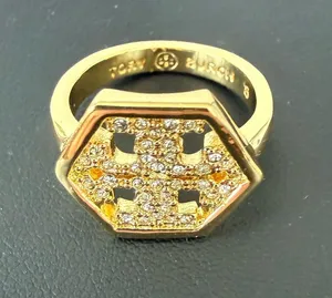 Tory Burch | Gold Pavé Logo Hexagon Ring | Size 8 thumbnail 1