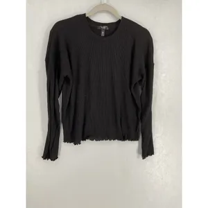 Aqua Lounge Womens Ribbed Long Sleeve Lettuce Edge Top Black S thumbnail 2