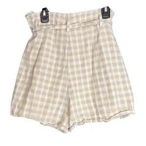 Zara Womens Size Large Beige Gingham Paperbag Waist Linen Blend Shorts Tie Belt thumbnail 3
