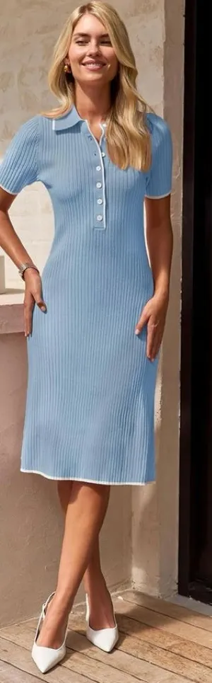 MEROKEETY Women's V Neck Ribbed Knit Midi Dress Short Sleeve Button Small thumbnail 1