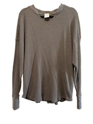 Aerie Gray Waffle-Knit Henley V-Neck Long Sleeve Pullover Cotton Sweater Top XL thumbnail 1