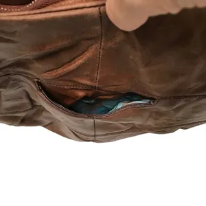 Hobo‎ International Brand Camel Leather Shoulder Bag with Blue Floral Liner thumbnail 11