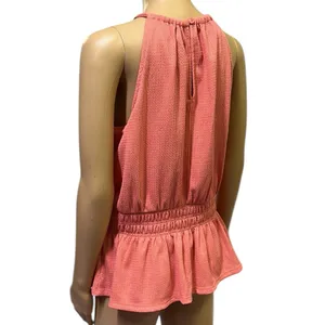 Nine West Peach Sleeveless Halter Keyhole Back Peplum Smocked Tank Top Blouse M thumbnail 5