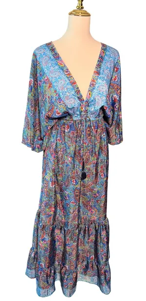 Zury Blue Paisley Silk Blend V-Neck Maxi Dress Ruffle Boho Free Size Kaftan thumbnail 1