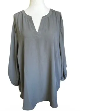 Maurices Womens 1X Olive Gray Roll Tab Sleeve Split Neck Tunic Blouse | 0200 thumbnail 1