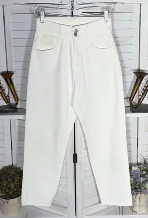 Vintage 90s Y2K jeans high rise wide barrel legs cream cotton grunge coquette S thumbnail 1