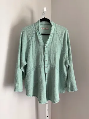 Free People We The Free Summer Daydream Seafoam Green Gauze Button-Up Shirt Sz L thumbnail 3