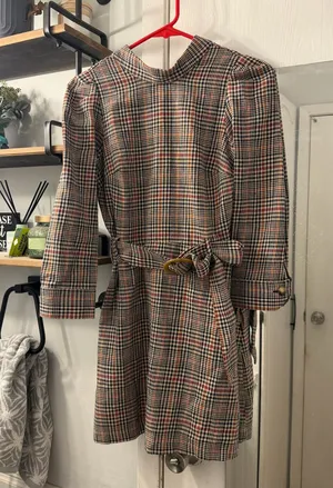Zara Plaid Belted Dress in Neutral Tones thumbnail 1