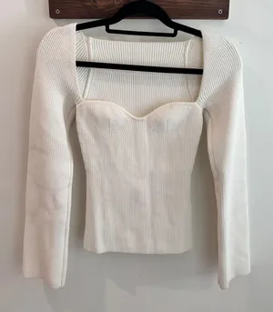Pixie Market White Ribbed Sweetheart Neck Long Sleeve Knit Top Small thumbnail 1