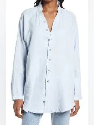 Free People Summer Daydream Button Down Womens M Light Blue Gauze Top thumbnail 9