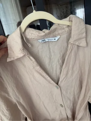 Zara ecru linen shirt dress adjustable Tie back. 3/4 long sleeve buttons collar thumbnail 2