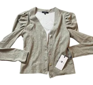 7 FOR ALL MANKIND‎ Puff Sleeve Button Up Cardigan Sweater Small Taupe Cream NWT thumbnail 1