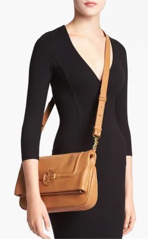 Tory Burch Amanda Fold Over Cross Body Satchel Bag Camel Tan Leather thumbnail 1