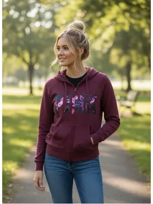 PINK Victoria's Secret Burgundy Floral Full-Zip Hoodie Women's Size M (19” PTP) thumbnail 5