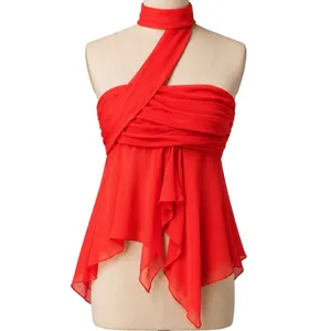 NEW Danielle Guizio Red Poppy Chiffon Wrap Around Ruffle Drape Crop Top Size XS thumbnail 5