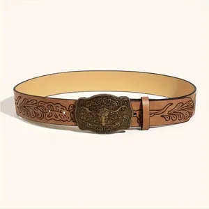 Western Bull Head Buckle Unisex‎ Belt Vintage Embossed Brown PU Leather Belt thumbnail 6