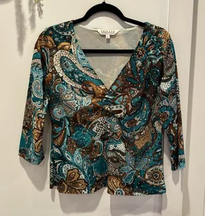 Uniform John Paul Richard Blue Brown Paisley Sequins Y2K Euro V-Neck Babydoll L thumbnail 1