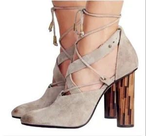 Free People Taupe Nouvella Criss Cross Wrap Chunky Heel Suede Leather Sz 38/6.5‎ thumbnail 1