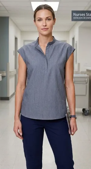 Figs Mandarin Collar Cap Sleeve Top in Slate Blue thumbnail 1