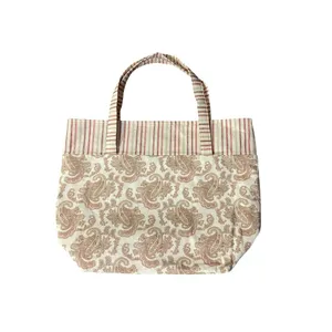 Fabric Tote Used Striped Paisley Gingham Red Beige Excellent Condition thumbnail 13