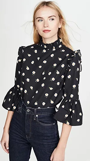Alice + Olivia Women Cotton Henrietta Daisy Blouse Black Ruffle Bell Sleeve thumbnail 1