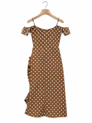 ZXQJ Brown Polka Dot Cold Shoulder Midi Wrap Dress Ruffle Pretty Woman Small S thumbnail 3