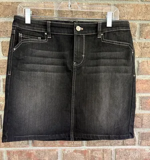 White House Black Market Black Denim Mini Skirt with Contrast Stitching thumbnail 1