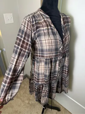 Knox Rose Babydoll Tunic Top Plaid V-Neck Button Down Long Sleeve Blouse Fall S‎ thumbnail 3