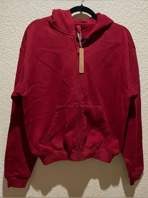 Skims Cotton Fleece Classic Zip Up Brick Red Hoodie Size L NWT thumbnail 3