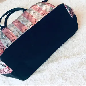Victoria's Secret Limited Edition Pink & Silver Sequins Stripe Tote Bag Purse thumbnail 6