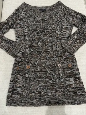 Cozy Off-the-Shoulder Cable Knit Tunic Sweater — Brown/Cream thumbnail 1