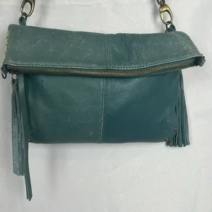 Lucky Brand Teal Leather Foldover Crossbody Hobo Bag Boho Fringe Distressed thumbnail 2