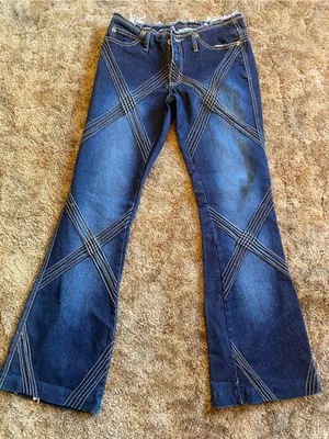 Y2K R4R Women’s Dark Blue Flare Jeans with Cross-Stitch Diamond Detail thumbnail 1